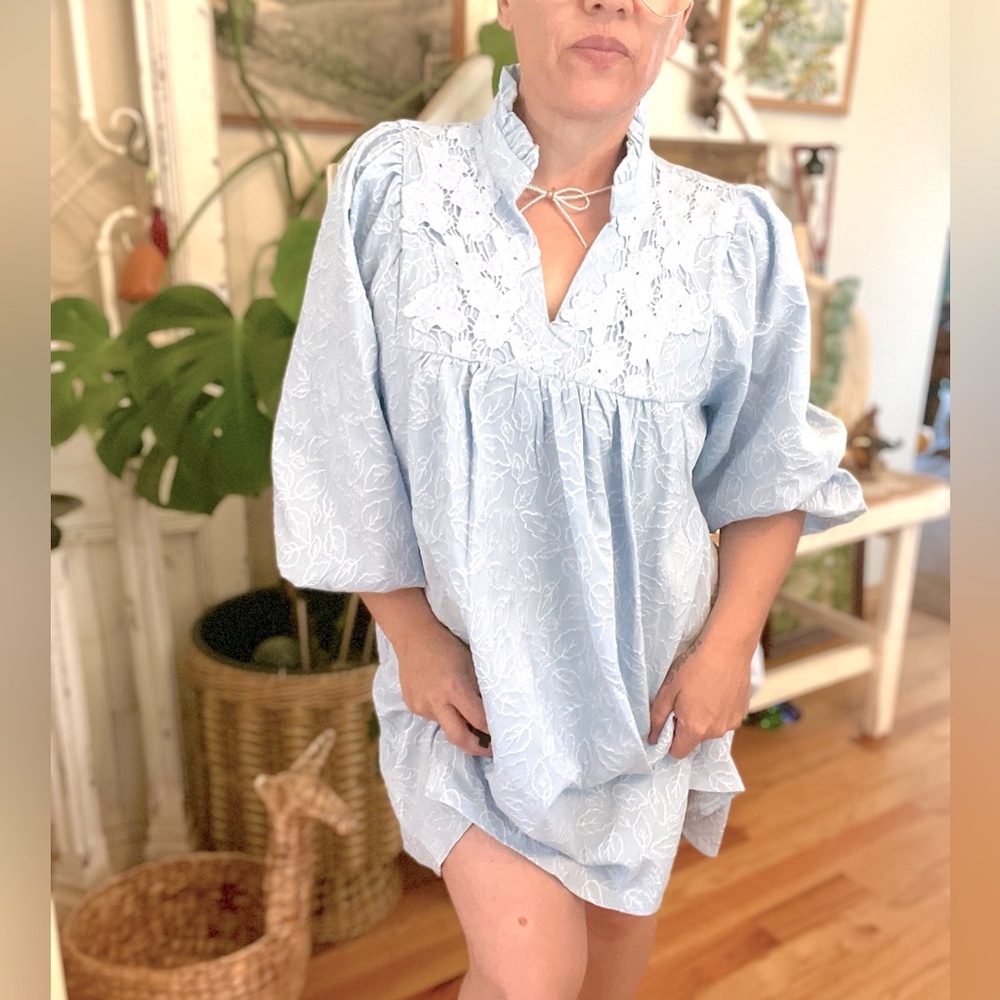 New! The “Shakespeare in the Park” Sky Blue Textured Lace Puff Sleeve Dress